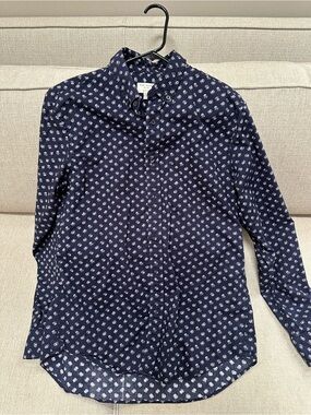 Club Monaco Mens Shirt Slim Fit Navy Blue White Print Button Down LS Size M